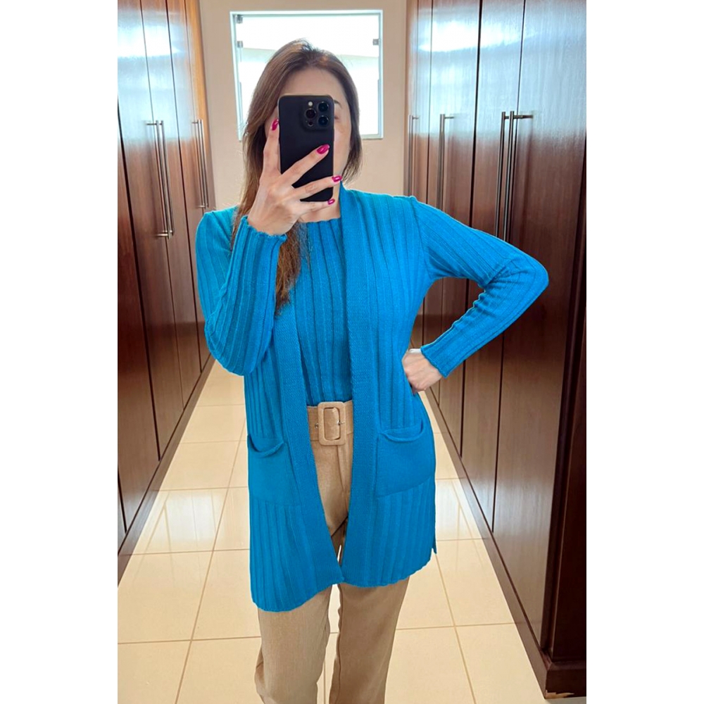 Casaco canelado com bolsos - Ref. 02236 - Turquesa