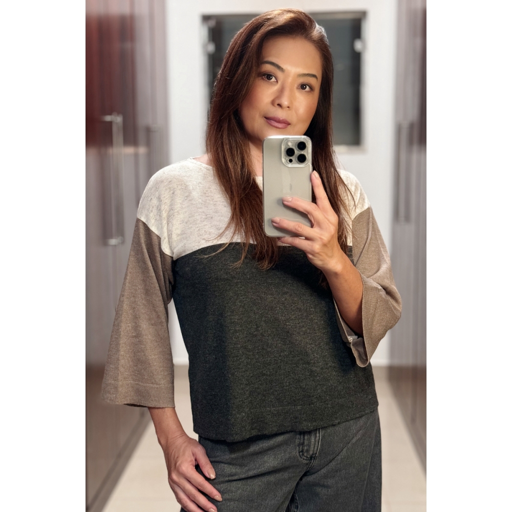 Blusa Ouro Fino - Ref. 02417 - Preto/Natural/Mangas khaki