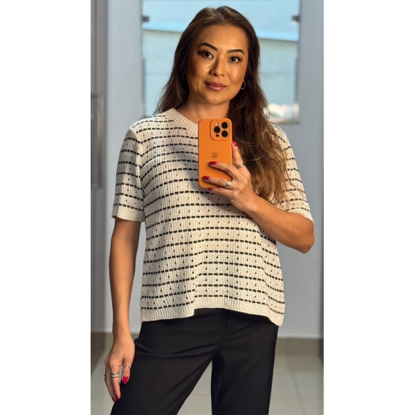 Blusa listra e furinhos - Ref.02501 - Off white/preto