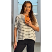 Blusa listra e furinhos - Ref.02501 - Off white/preto