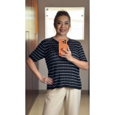 Blusa listra e furinhos - Ref.02501 - Preto/areia