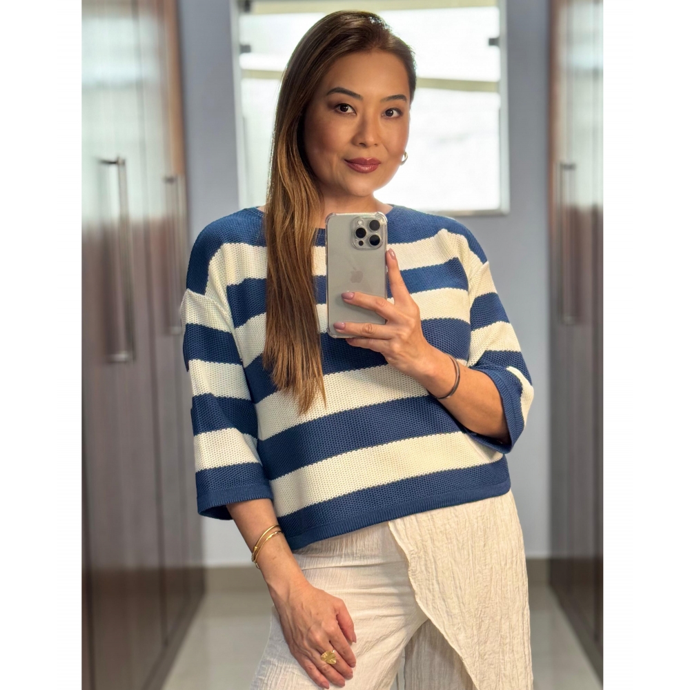 Blusa colmeia listras - Ref. 02605 - Jeans e off